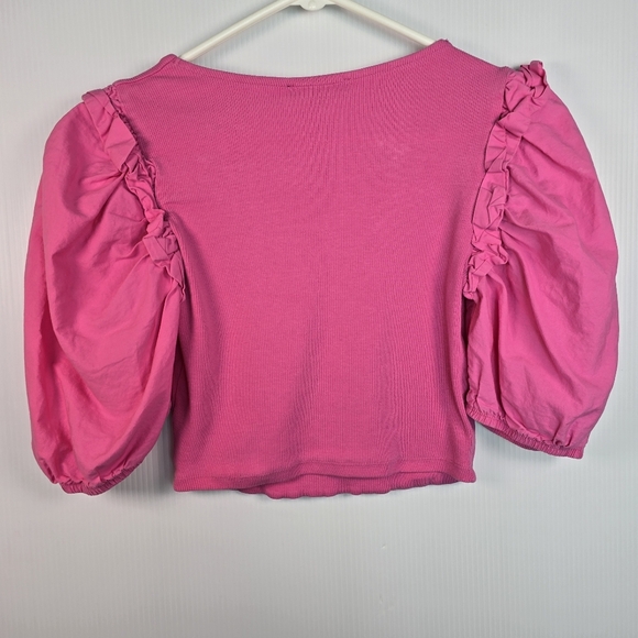 ZARA PUFF SLEEVES RIBBED CROPPED TOP HOT PINK SIZE LARGE - Picture 4 of 10
